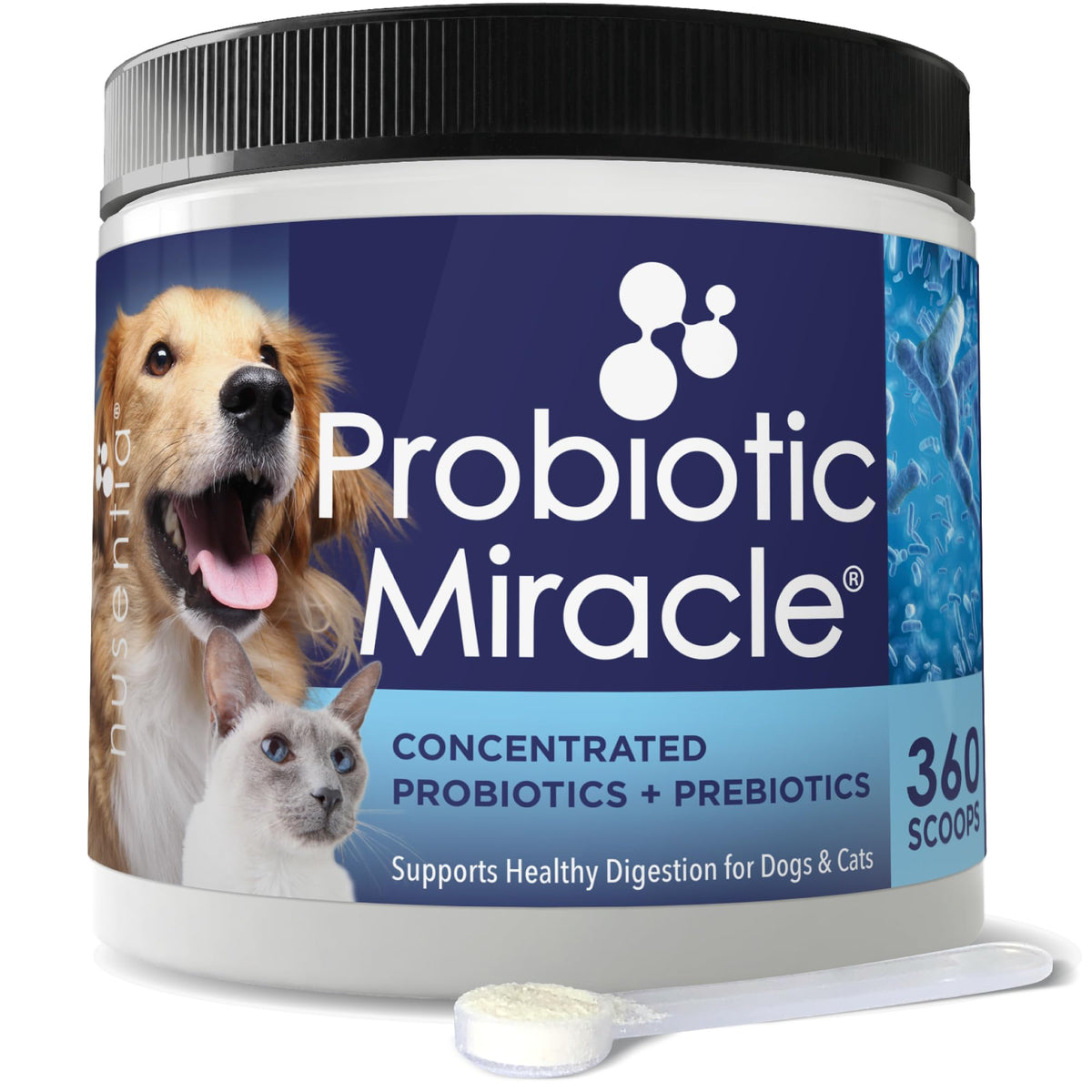 Nusentia Probiotic Miracle dog bottle pour for easy daily dosing and digestive support