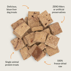 Nutra Bites bison liver crunch close-up emphasizes freeze-dried texture and aroma.