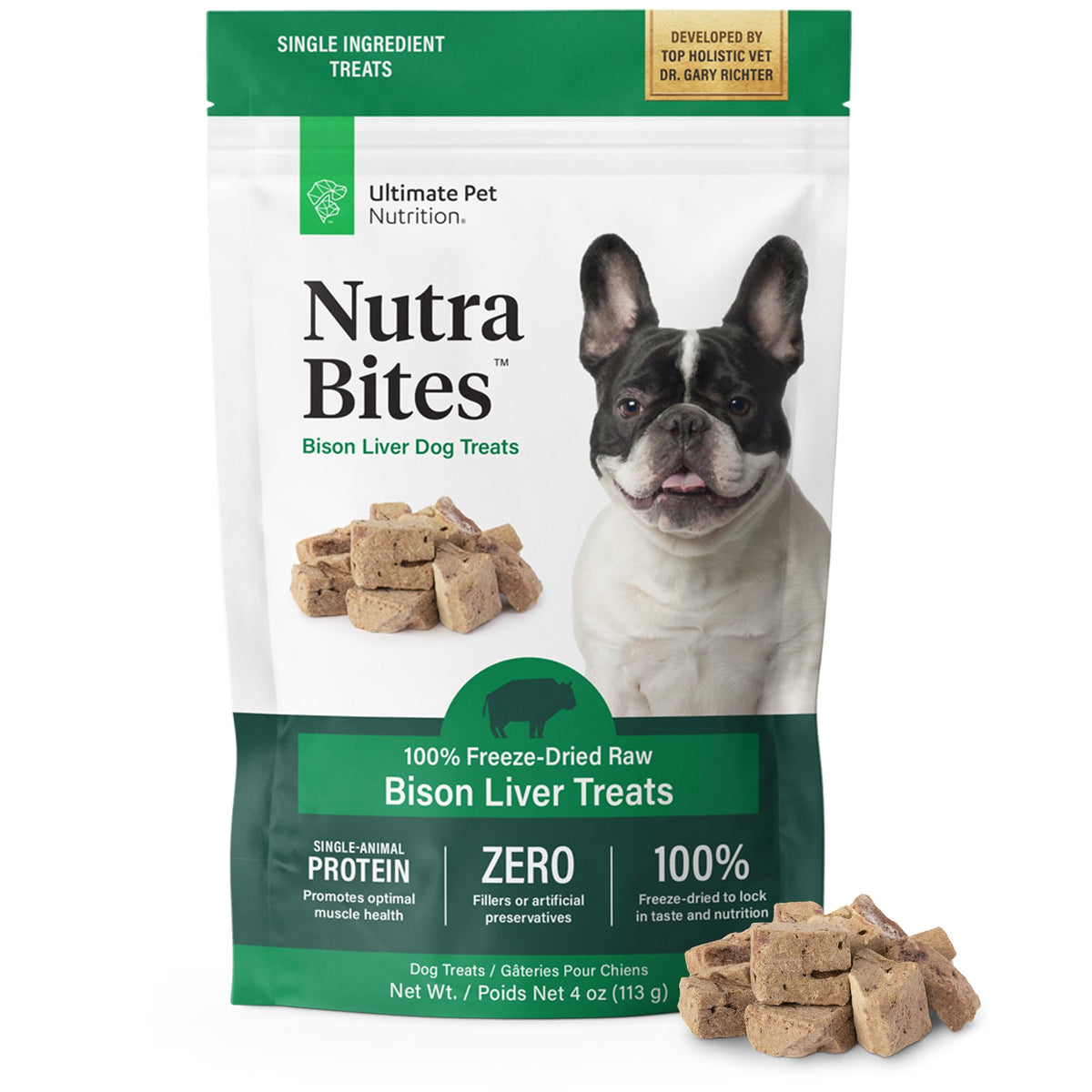 Nutra Bites bison liver packaging shows single-ingredient nourishment for dogs.