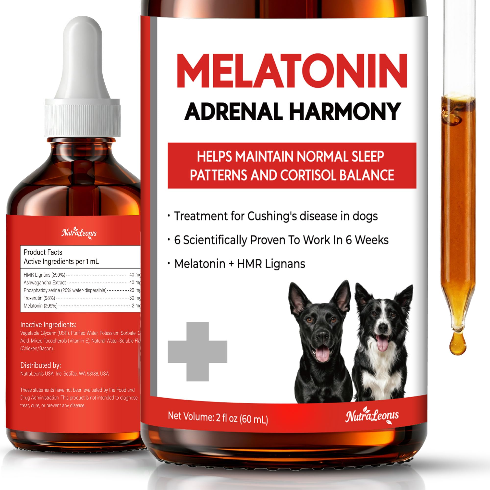NutraLeonis Adrenal Balance for Dogs bottle pour shows easy dosing for calmer days.