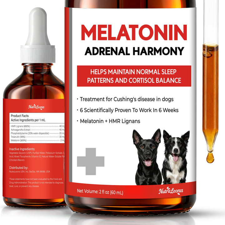 NutraLeonis Adrenal Balance for Dogs bottle pour shows easy dosing for calmer days.