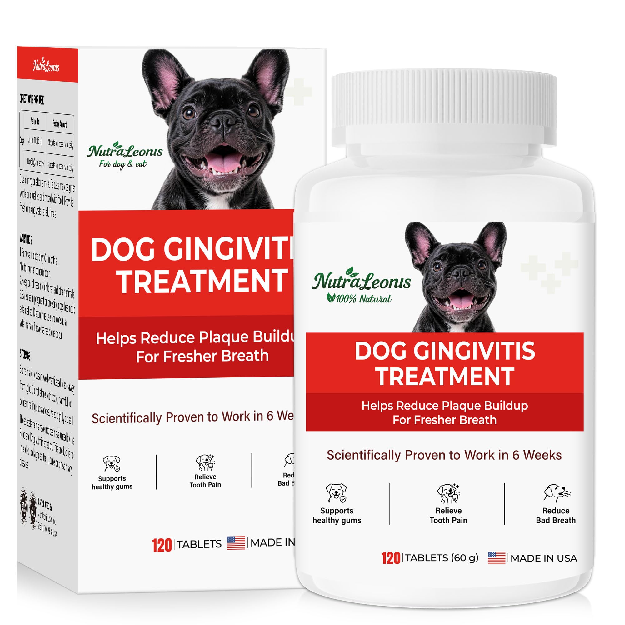 NutraLeonis Dog Dental Care front label with natural ingredients for daily gum support.