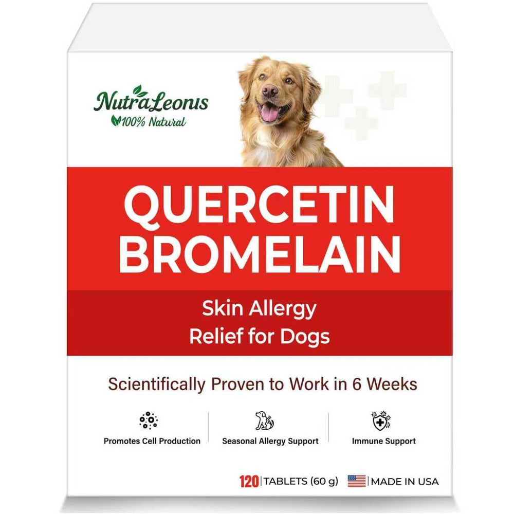 NutraLeonis Quercetin with Bromelain bottle front for dogs, offering natural allergy support.