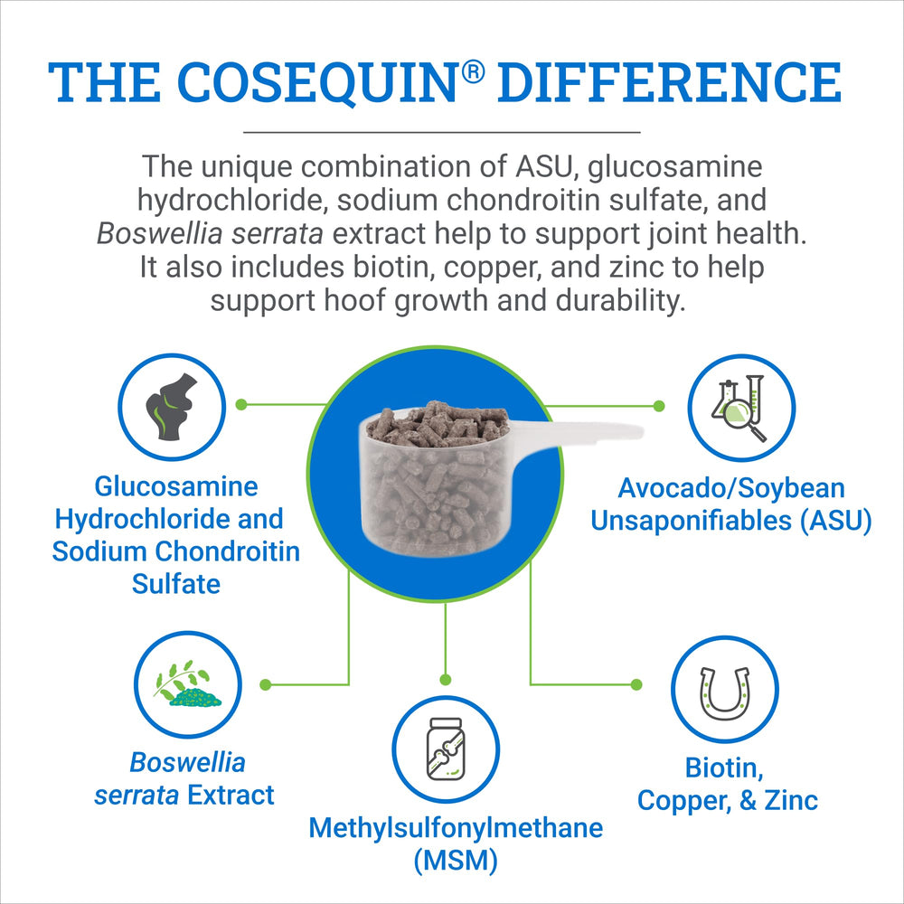 Nutramax Cosequin ASU pellets on feed indicating hoof durability potential.