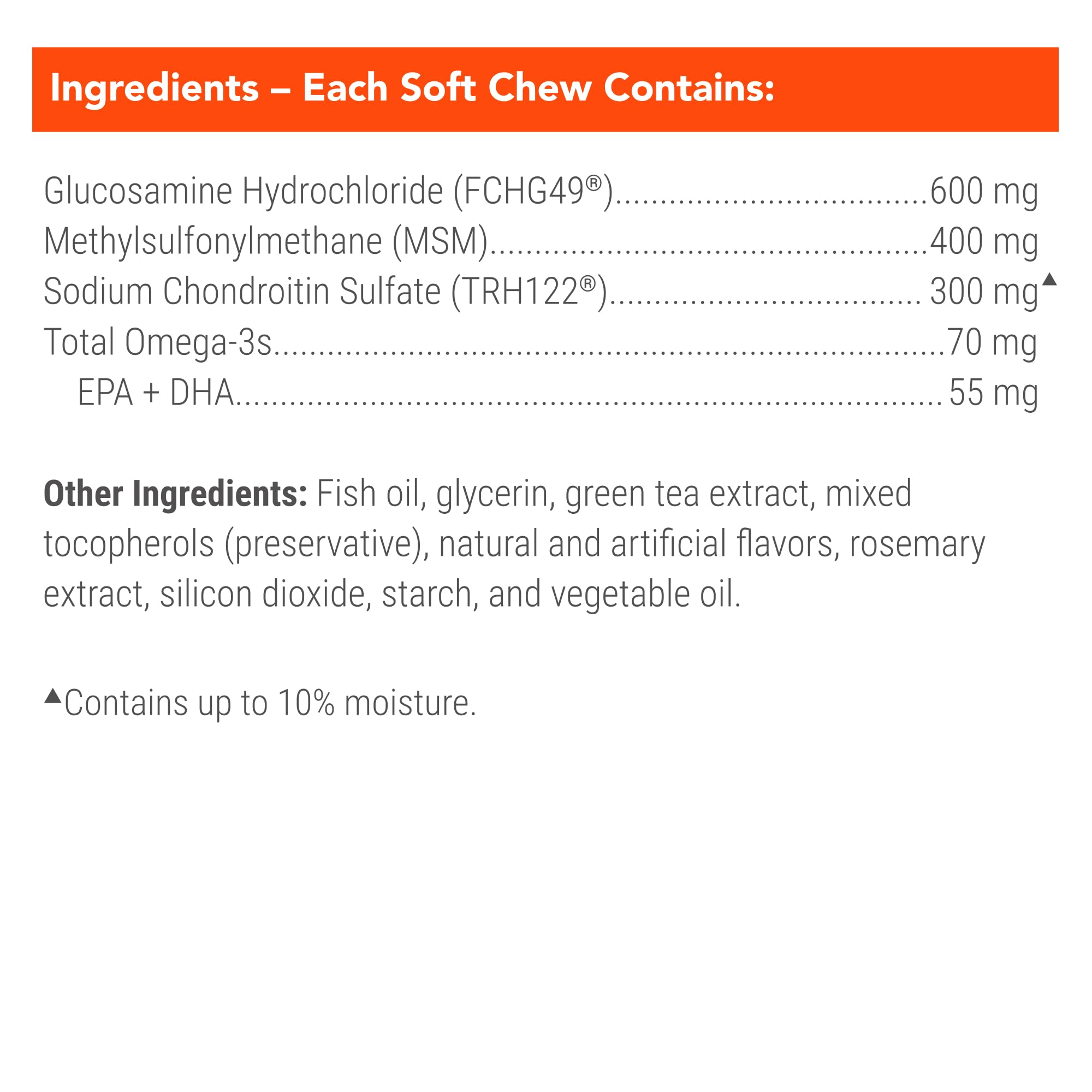 Close-up of soft chews highlighting MSM and omega-3 ingredients