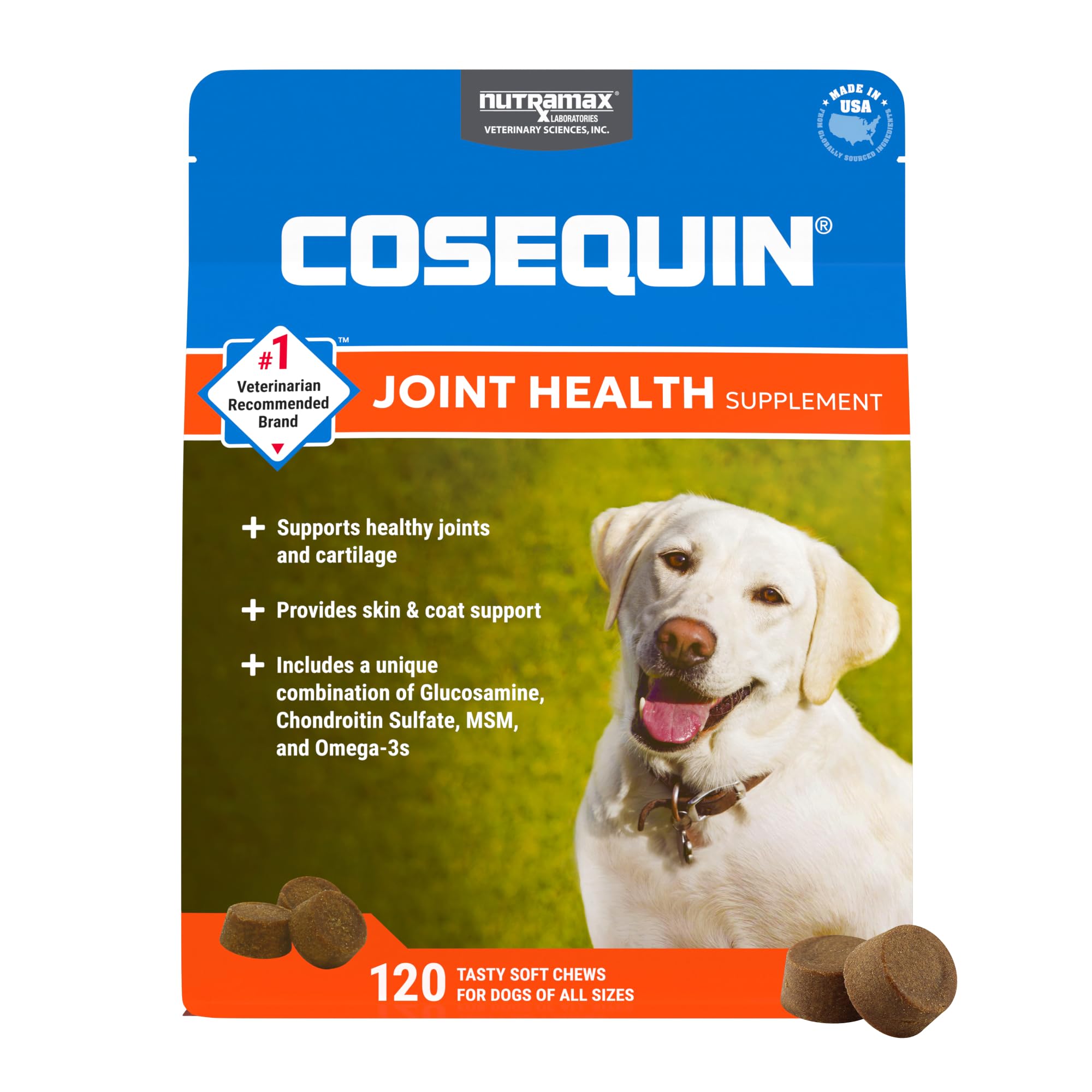 Nutramax Cosequin dog soft chews bottle highlighting joint health support for all breeds.