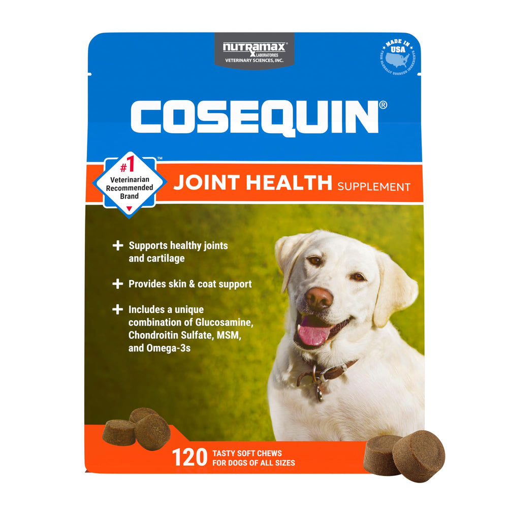 Nutramax Cosequin dog soft chews bottle highlighting joint health support for all breeds.