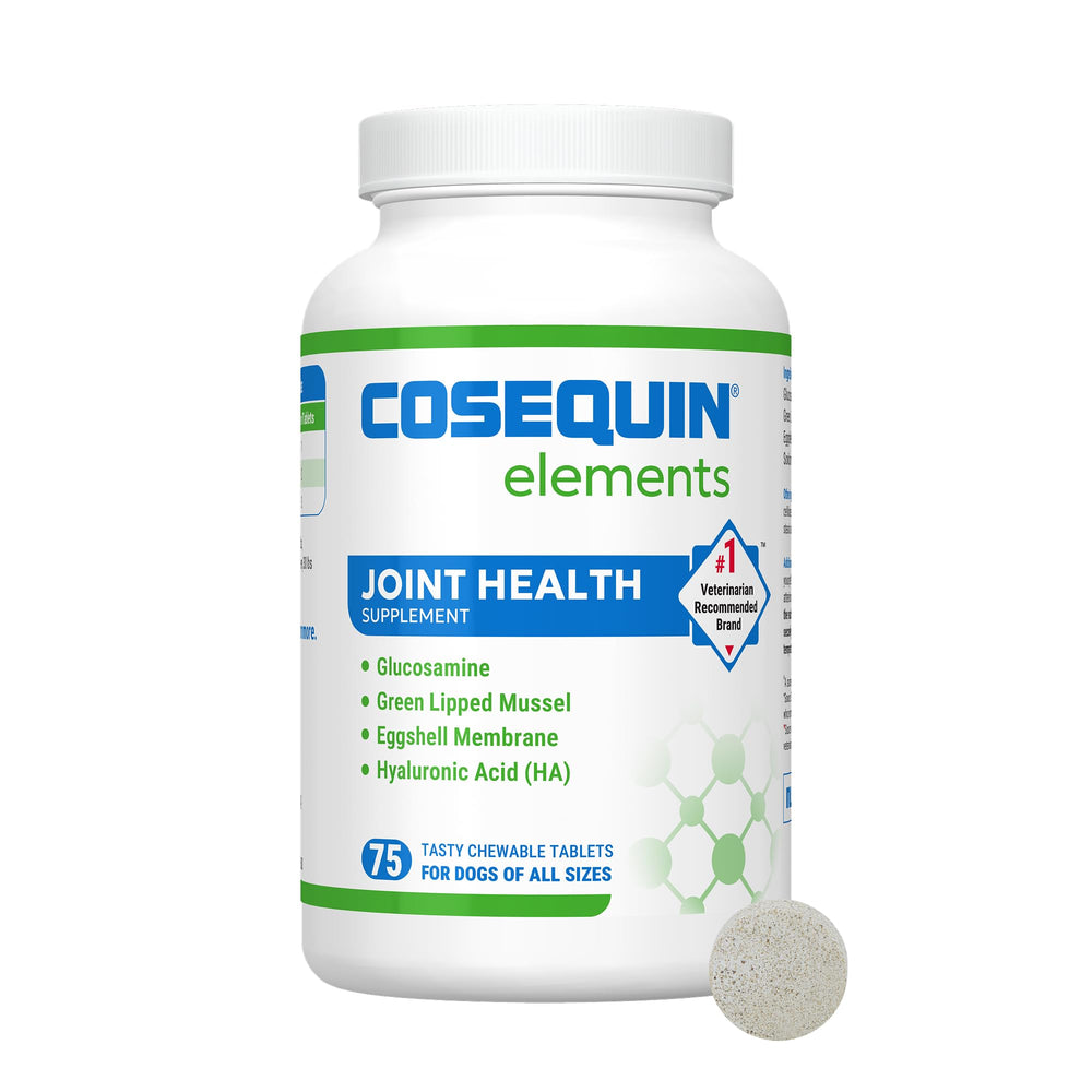 Nutramax Cosequin Elements chewable tablets for dogs support joint comfort.
