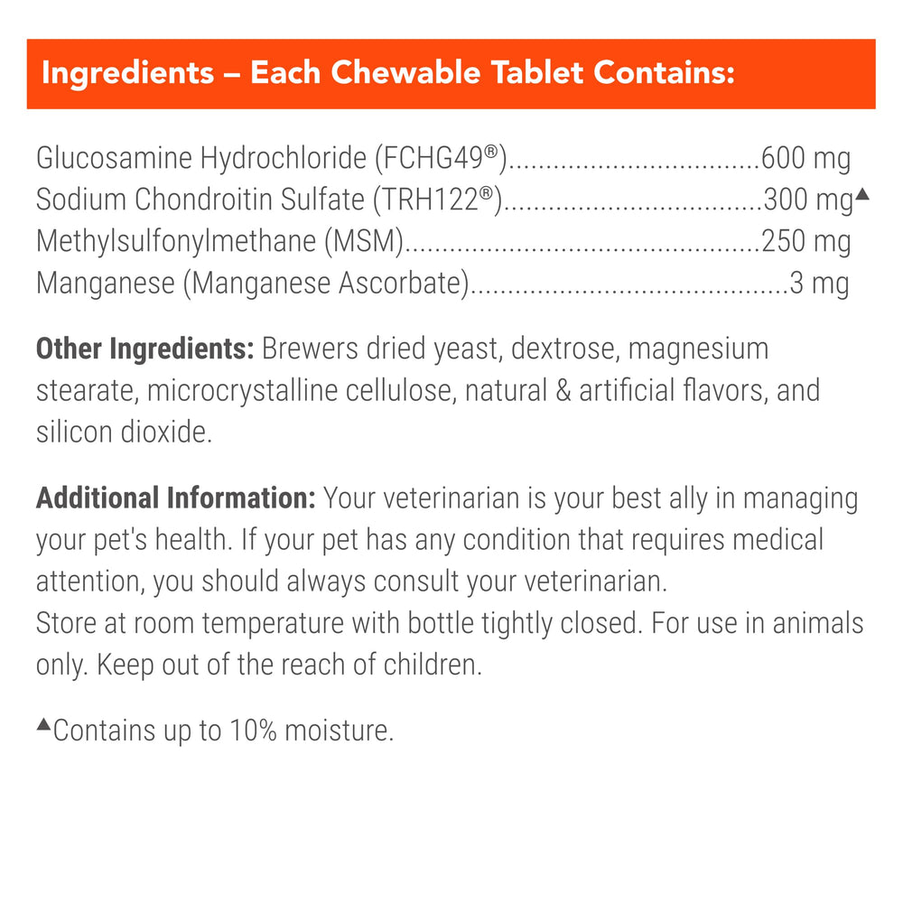 Nutramax Cosequin ingredients display emphasizes glucosamine, chondroitin, and MSM.