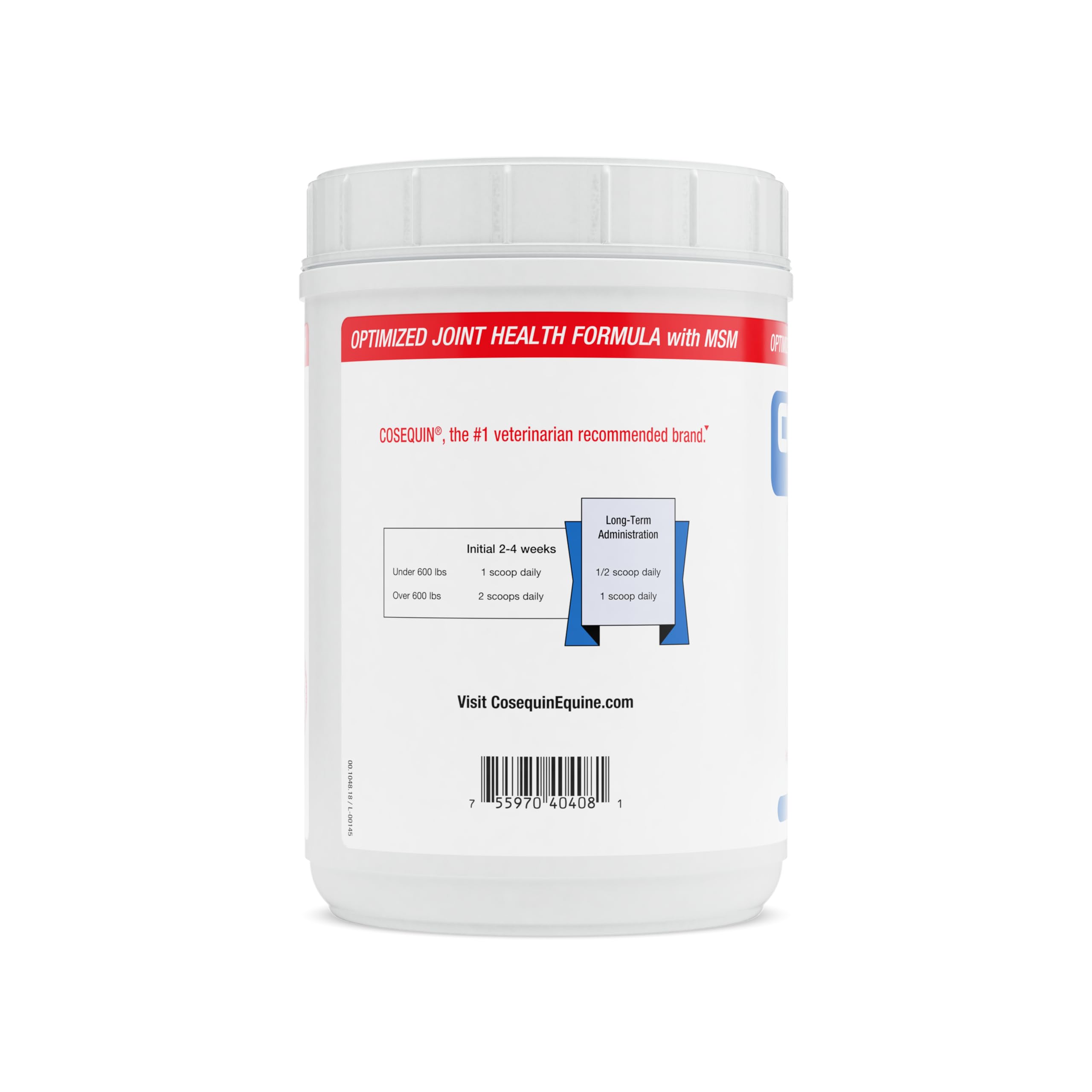 Closeup of equine powder tub label with ingredients