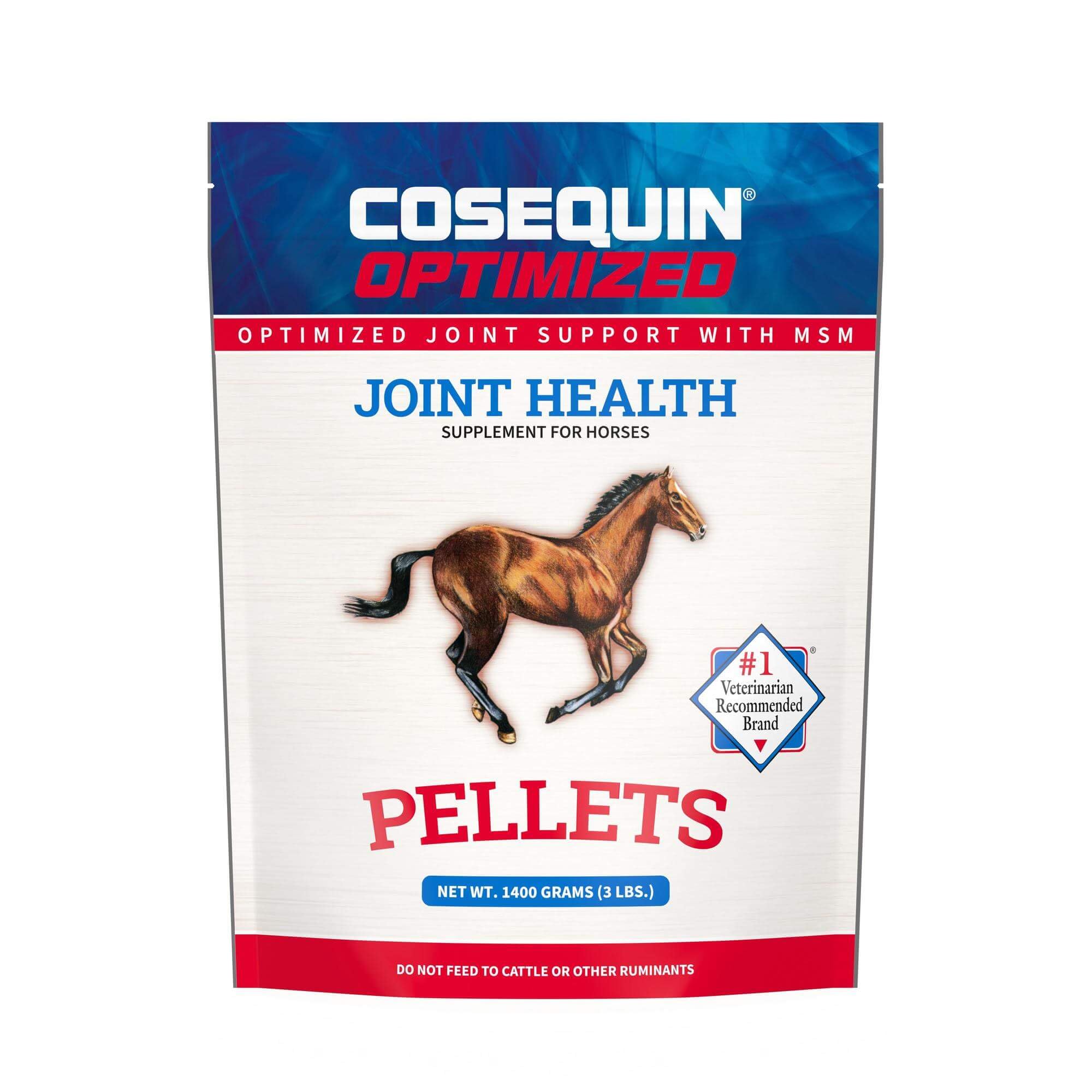 Nutramax Cosequin Optimized Pellets bottle with scoop for easy horse joint support.
