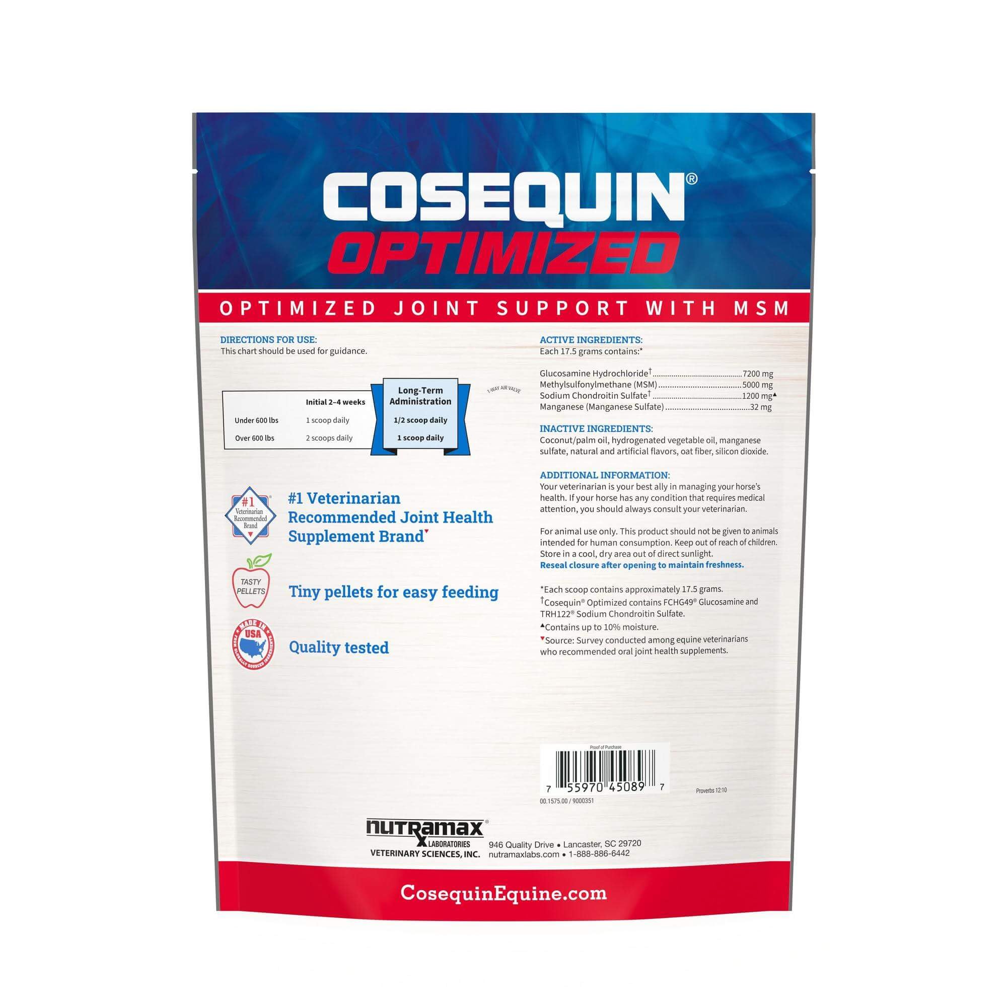 Nutramax Cosequin Optimized Pellets close-up shows a palatable horse supplement.