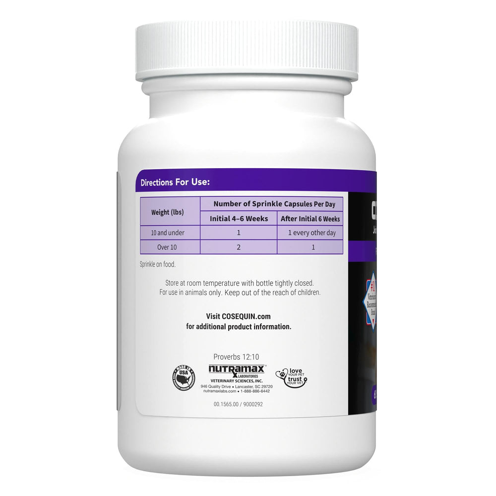 Nutramax Cosequin ingredients label highlights glucosamine and chondroitin for joints
