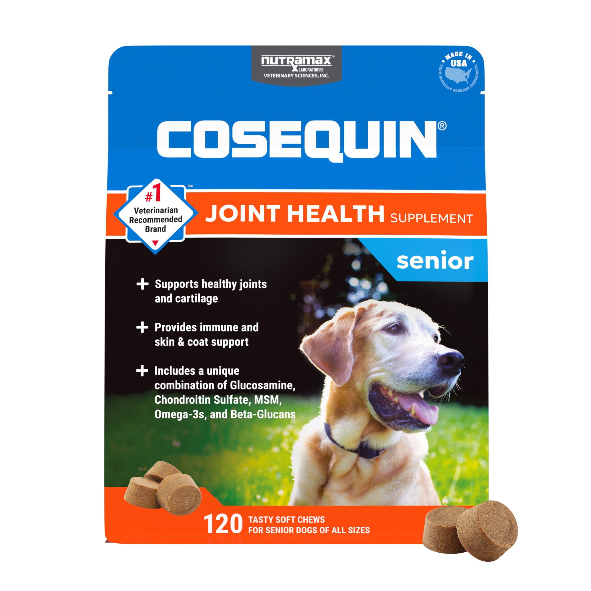 Nutramax Cosequin soft chews bottle supporting senior dog joints