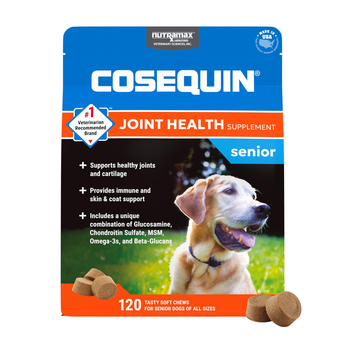 Nutramax Cosequin soft chews bottle supporting senior dog joints