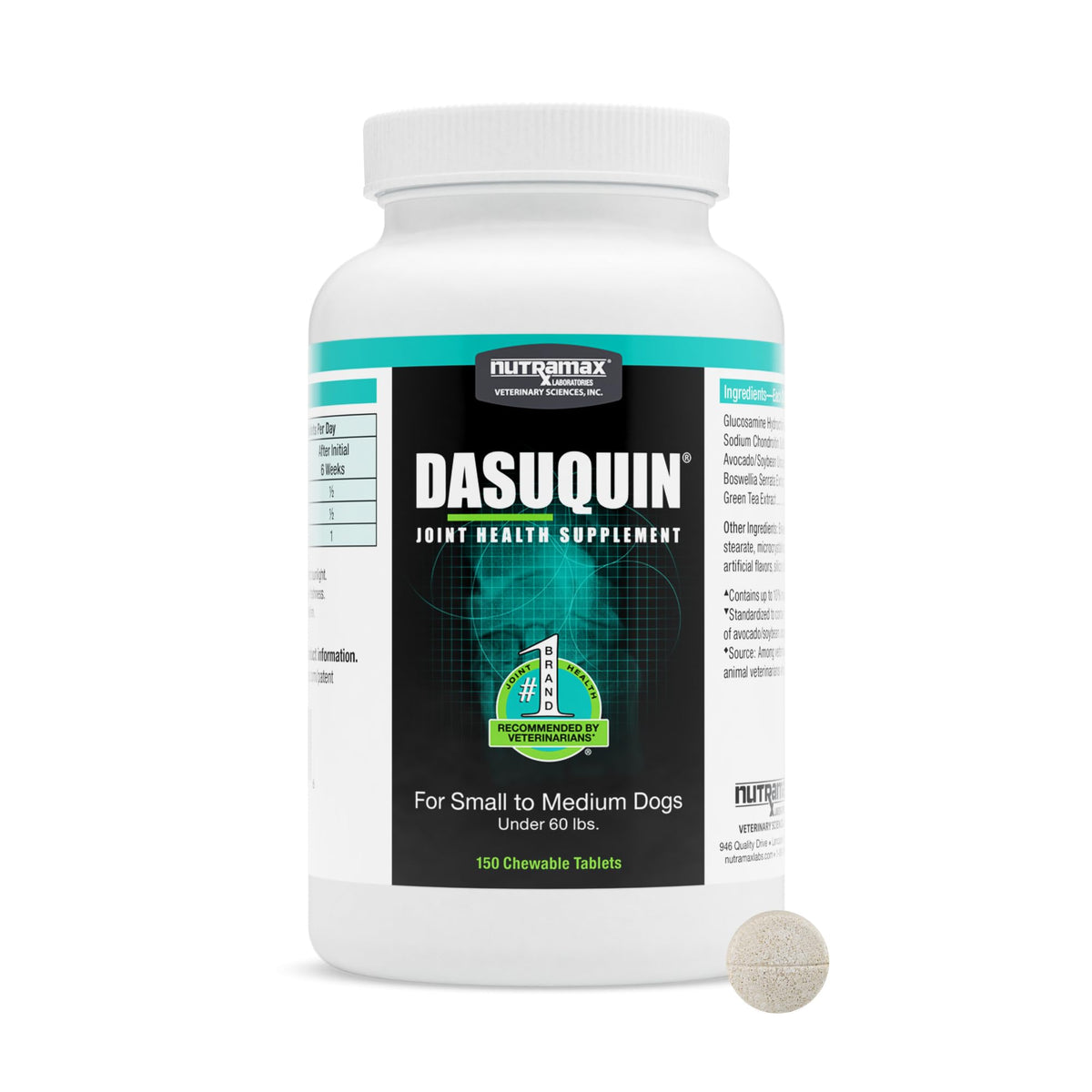 Nutramax Dasuquin dog chew tablets shown, supporting daily joint activity and mobility.