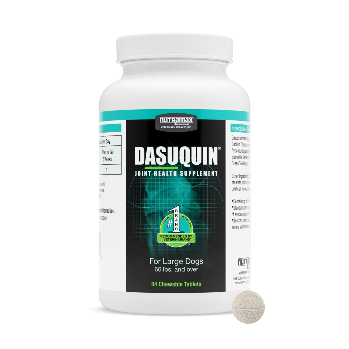 Nutramax Dasuquin for large dogs bottle showing joint health chews for daily support.