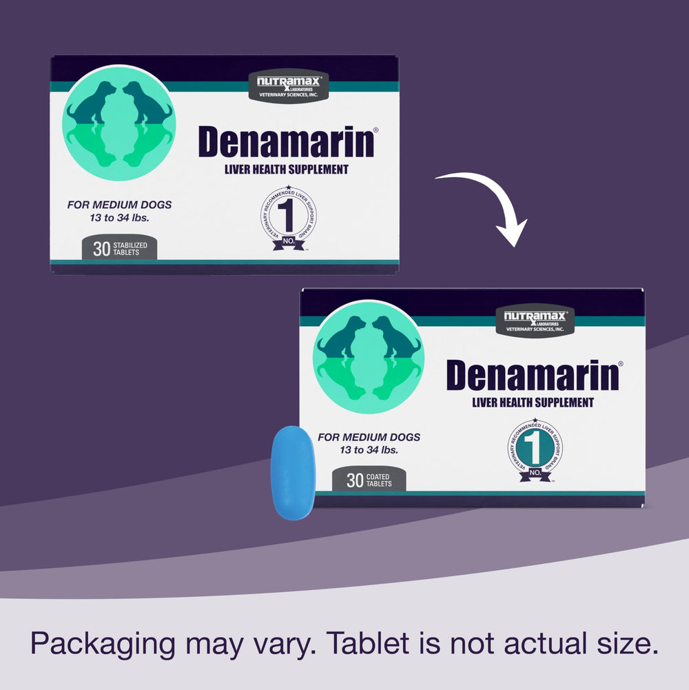 Nutramax Denamarin bottle being poured for easy daily dosing.