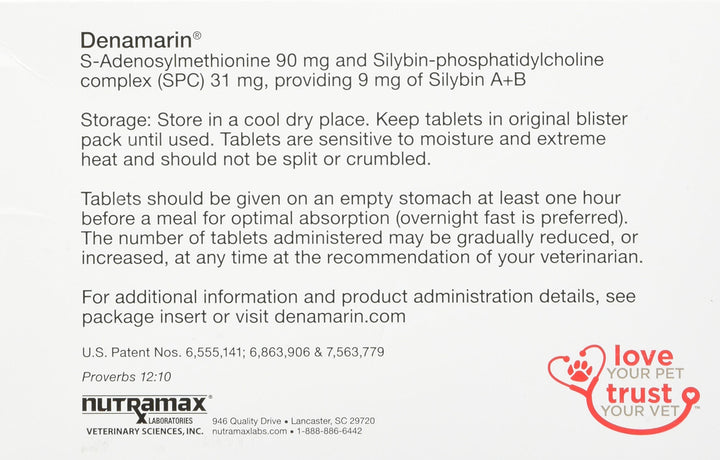 Nutramax Denamarin bottle with tablets highlighting liver health for dogs and cats