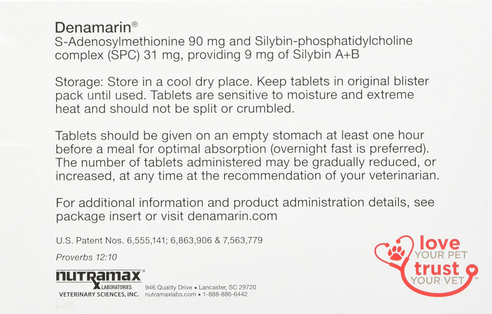 Nutramax Denamarin bottle with tablets highlighting liver health for dogs and cats