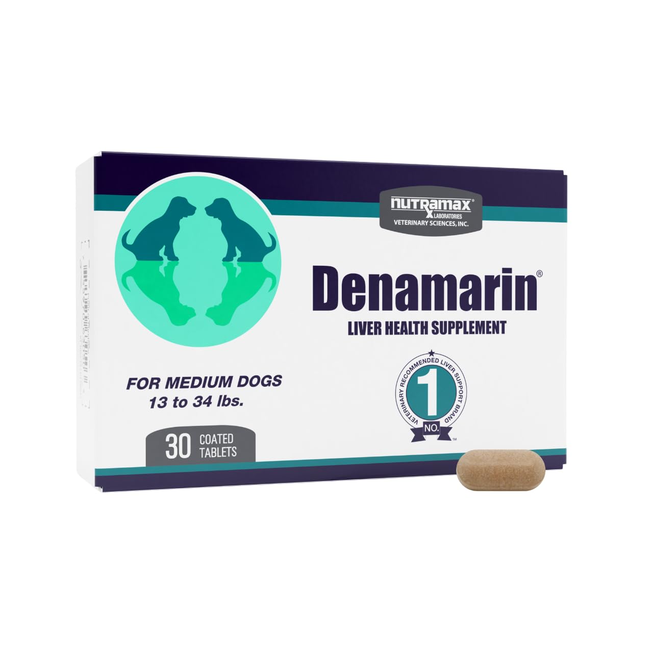 Nutramax Denamarin SAM-e tablet on white background for dog liver support.