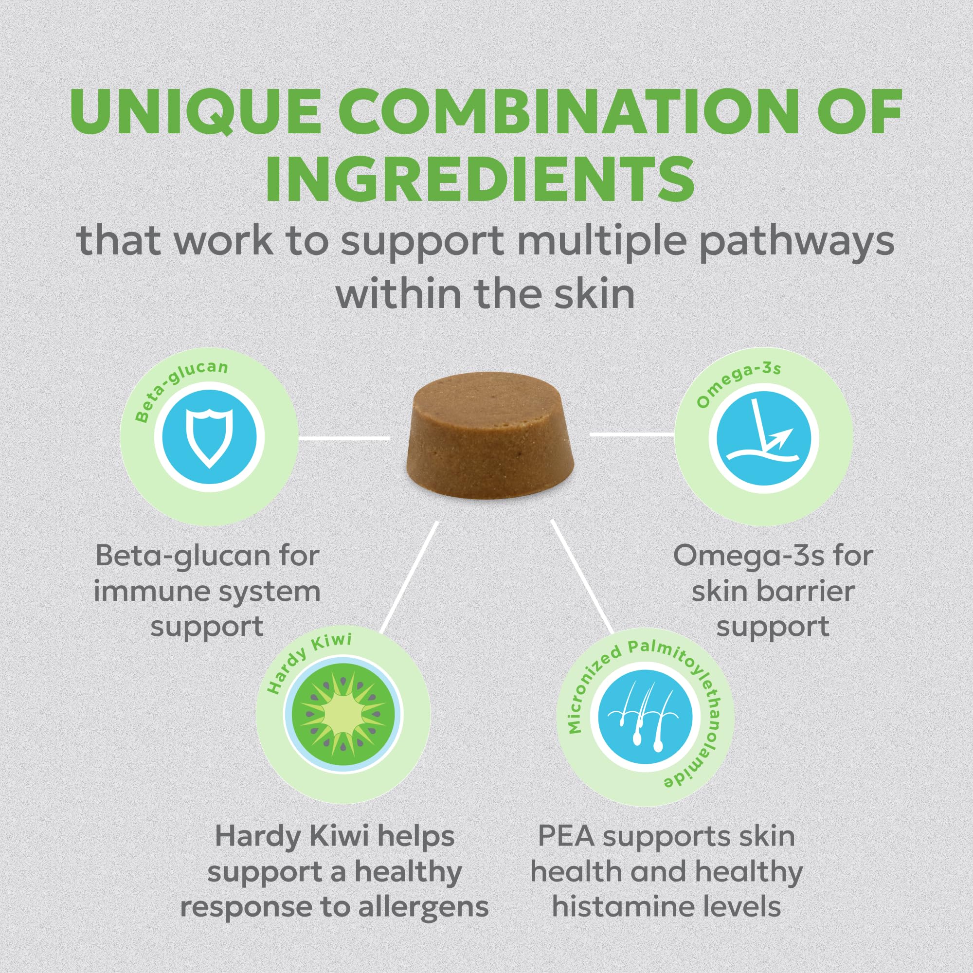 Nutramax Dermaquin palmitoylethanolamide (PEA) ingredient hints at multi-pathway skin support.