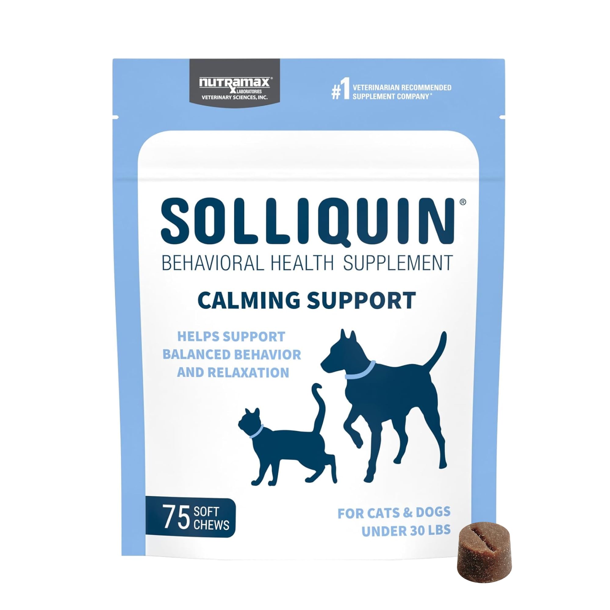 Nutramax Solliquin soft chews bottle demonstrates daily calm support for pets.