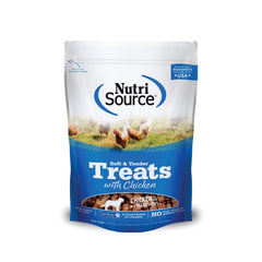 NutriSource TU80020 soft chicken treats package front, a tasty dog reward.