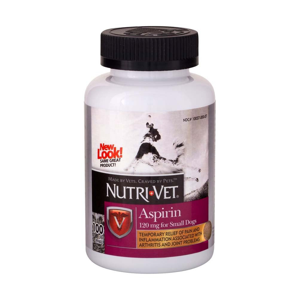 Nutri-Vet Aspirin for Dogs bottle with liver-flavored chewables for gentle temporary relief.