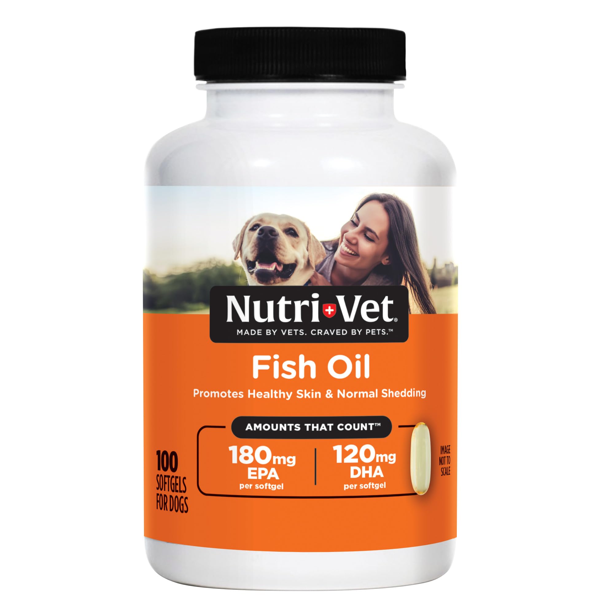 Nutri-Vet Fish Oil Soft Gels bottle front promotes coat health.
