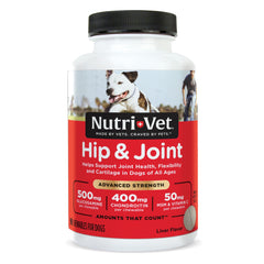 Nutri-Vet Hip and Joint Advanced Strength chews in liver flavor support mobility.