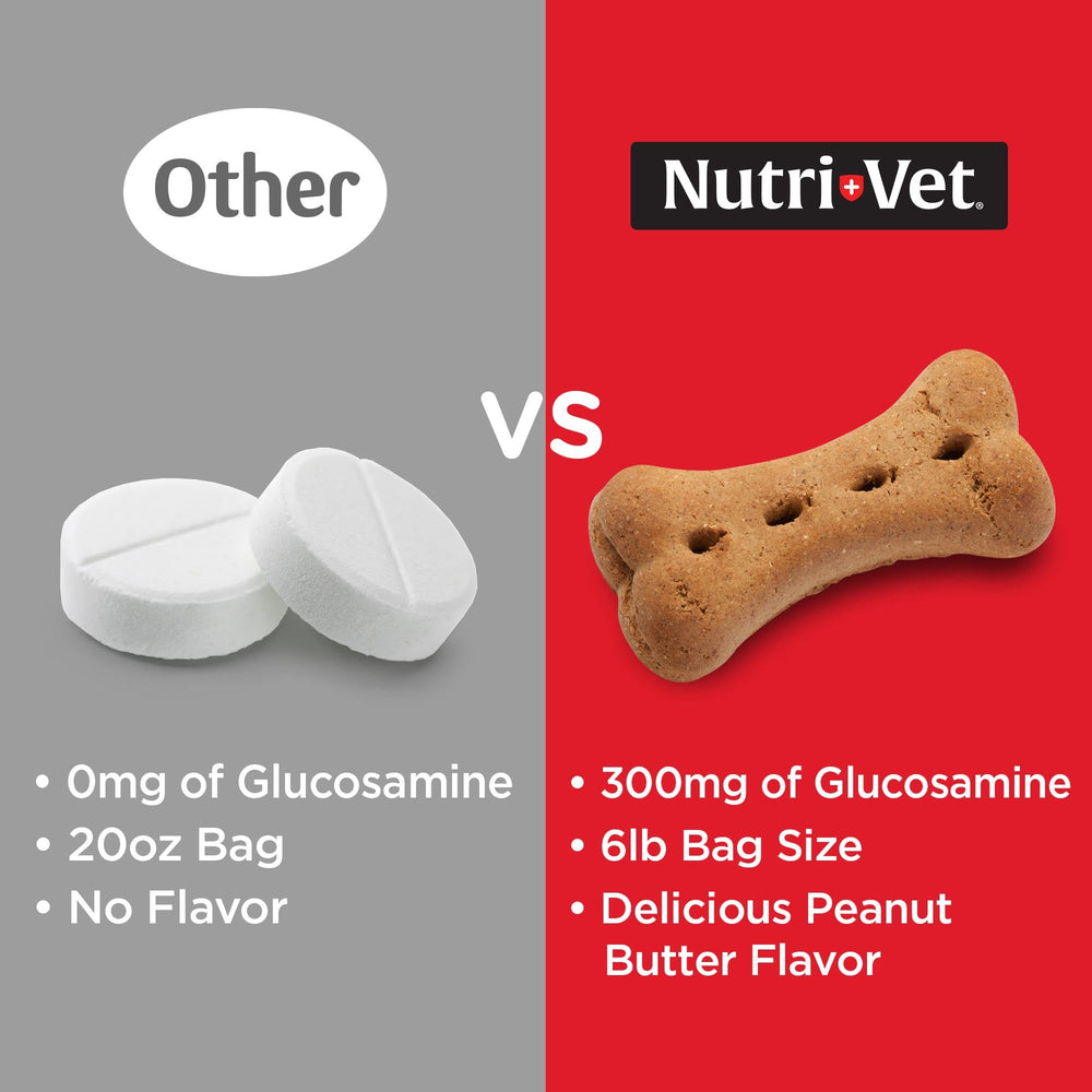 Nutri-Vet hip joint biscuit dog eating; peanut butter flavor appeals to pets.