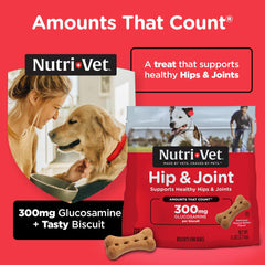Nutri-Vet Hip and Joint biscuits highlight 300 mg glucosamine per treat for mobility support.