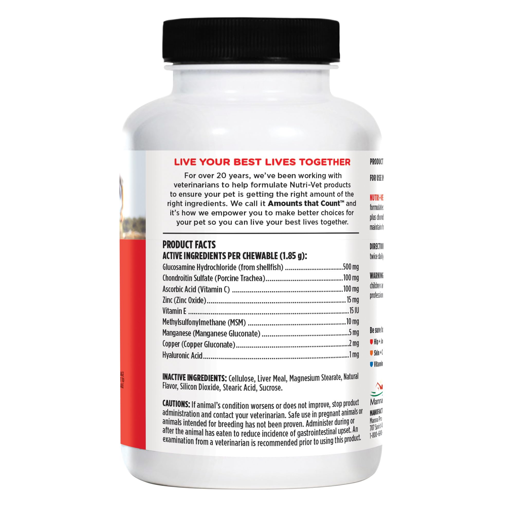 Nutri-Vet Hip and Joint chew box shows dosage guidance.