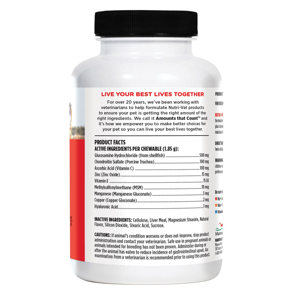 Nutri-Vet Hip and Joint chew box shows dosage guidance.