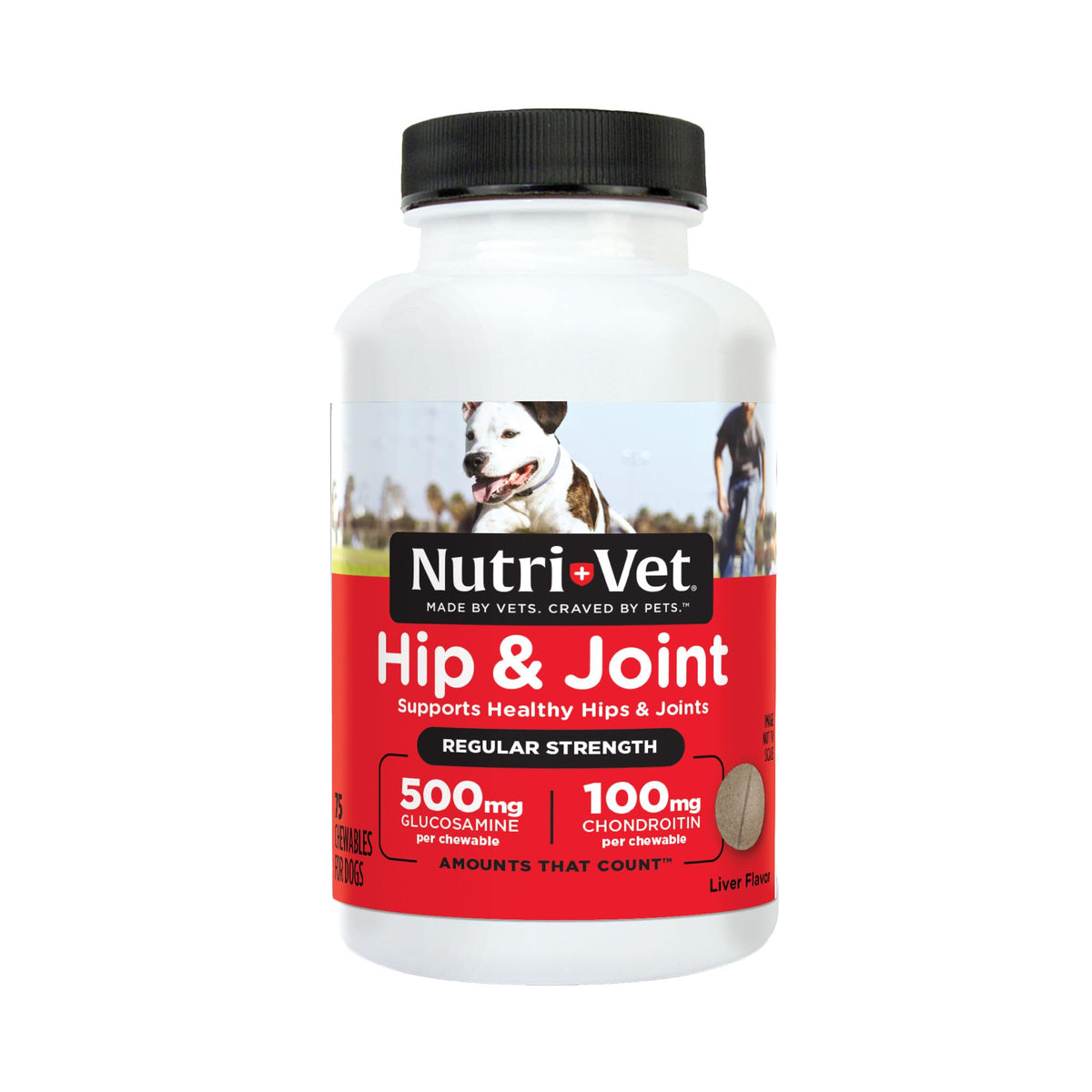 Nutri-Vet Hip & Joint Regular Strength bottle shows glucosamine and chondroitin for joints