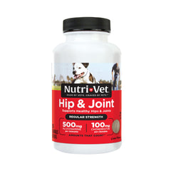Nutri-Vet Hip & Joint Regular Strength bottle shows glucosamine and chondroitin for joints