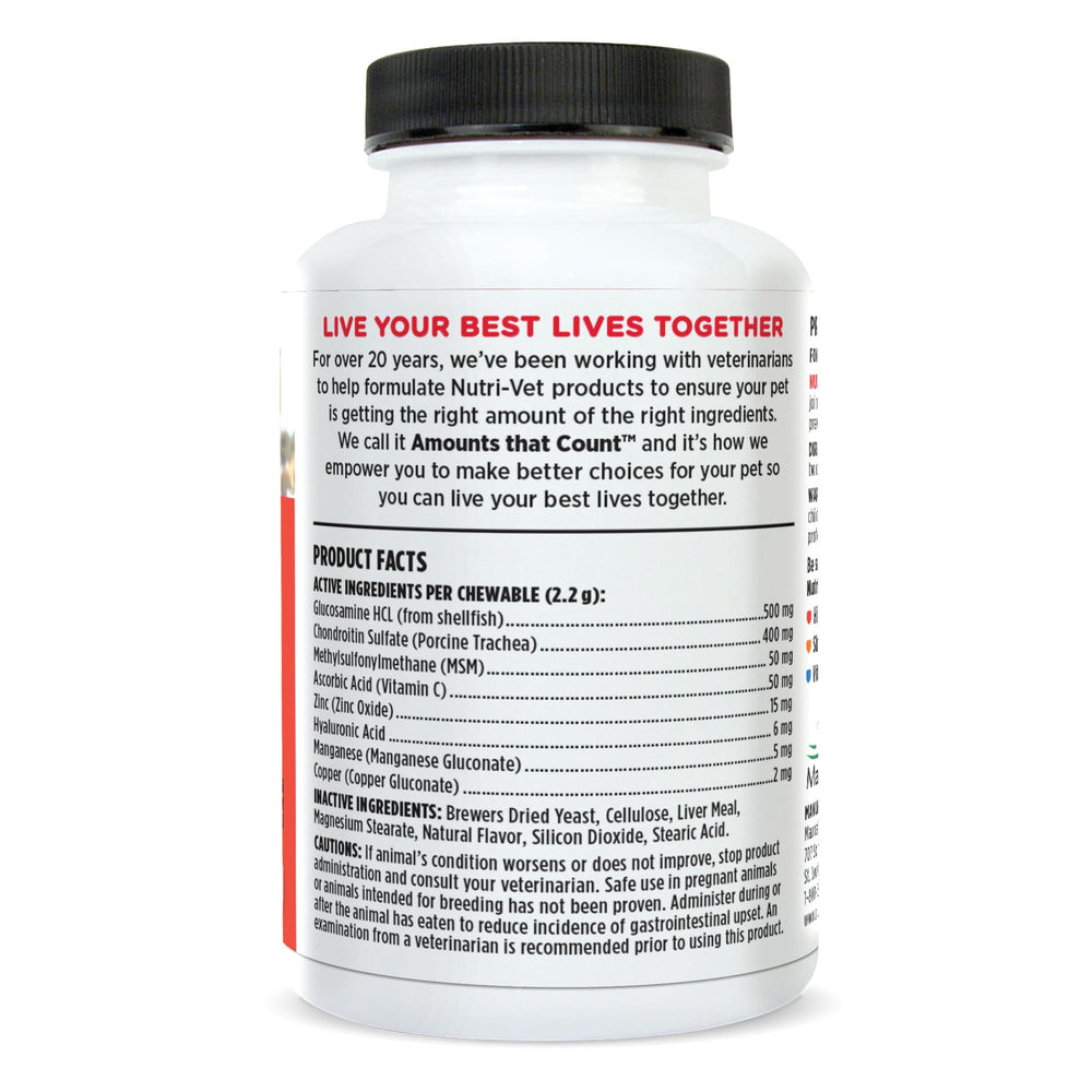 Nutri-Vet joint health chews packaging displays ingredient list.