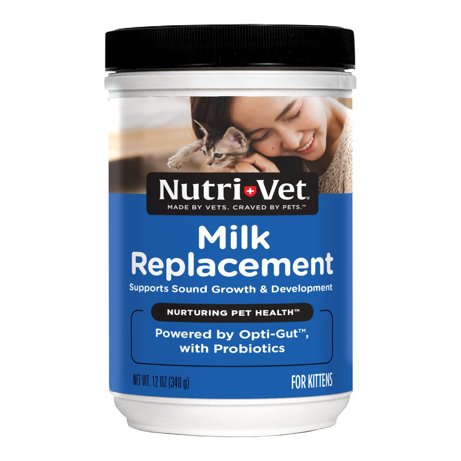 Nutri-Vet Milk Replacer powder tub supports healthy newborn kitten growth.