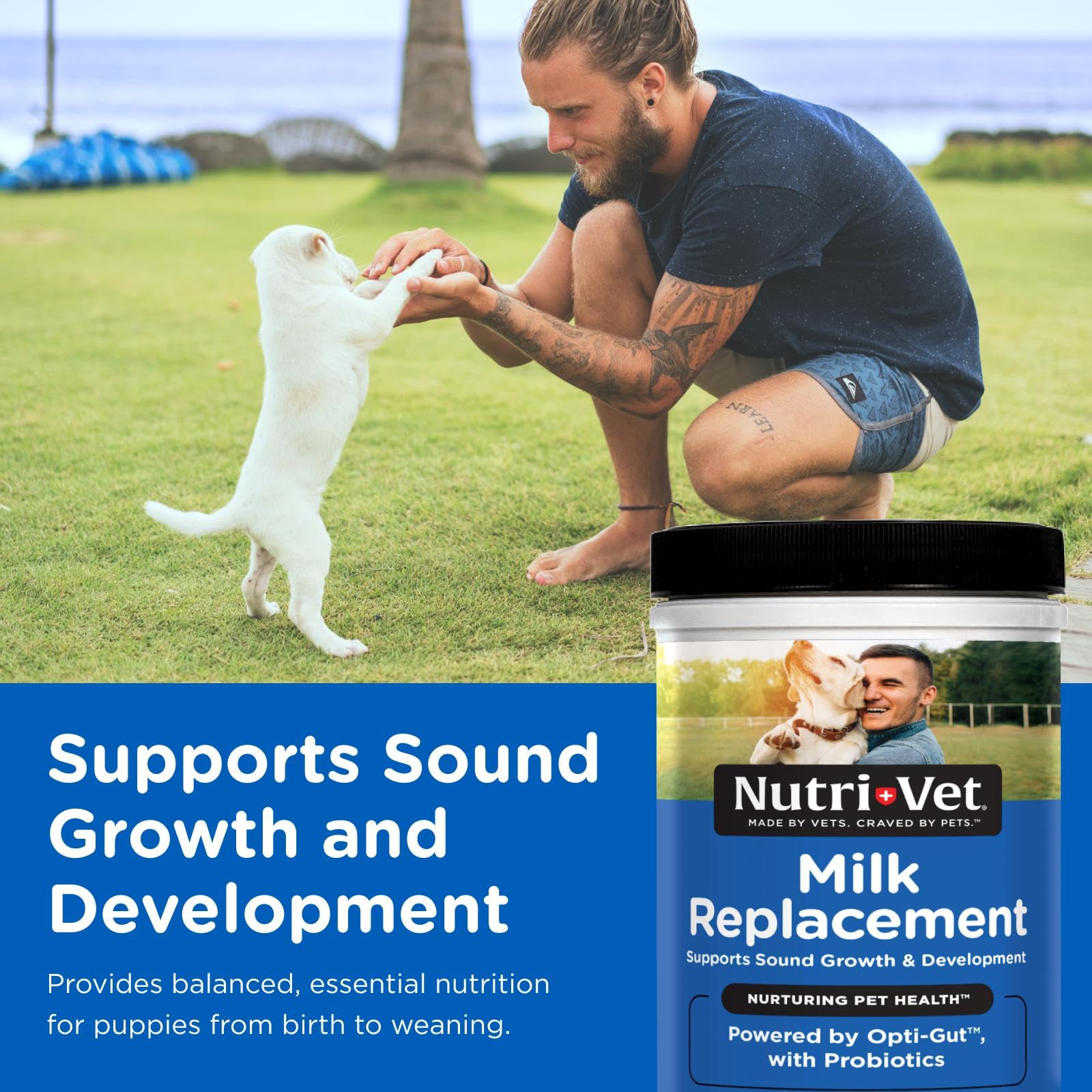 Nutri-Vet Puppy Milk Powder with scoop enables precise mixing for newborn nutrition
