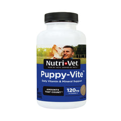 Nutri-Vet Puppy-Vite bottle front showing balanced nutrition for growth.