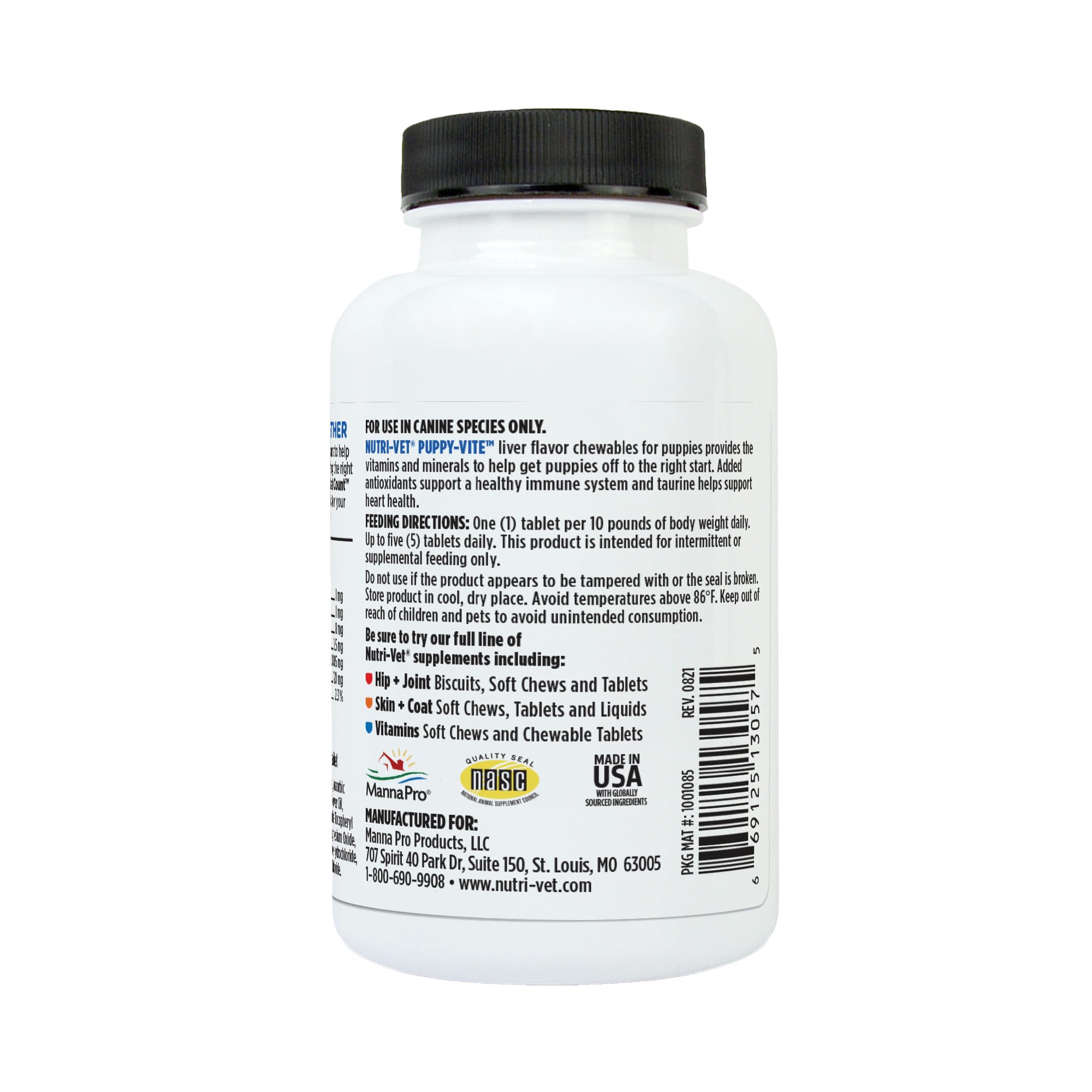 Nutri-Vet Puppy-Vite bottle with clear ingredient highlights for growth support.