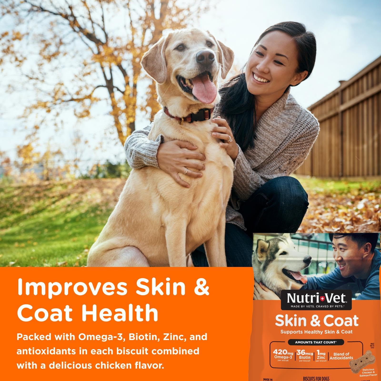 Nutri-Vet Skin & Coat Biscuits close-up showing crunchy texture and tasty chicken flavor.