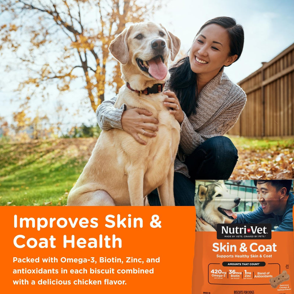 Nutri-Vet Skin & Coat Biscuits close-up showing crunchy texture and tasty chicken flavor.
