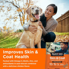 Nutri-Vet Skin & Coat Biscuits close-up showing crunchy texture and tasty chicken flavor.