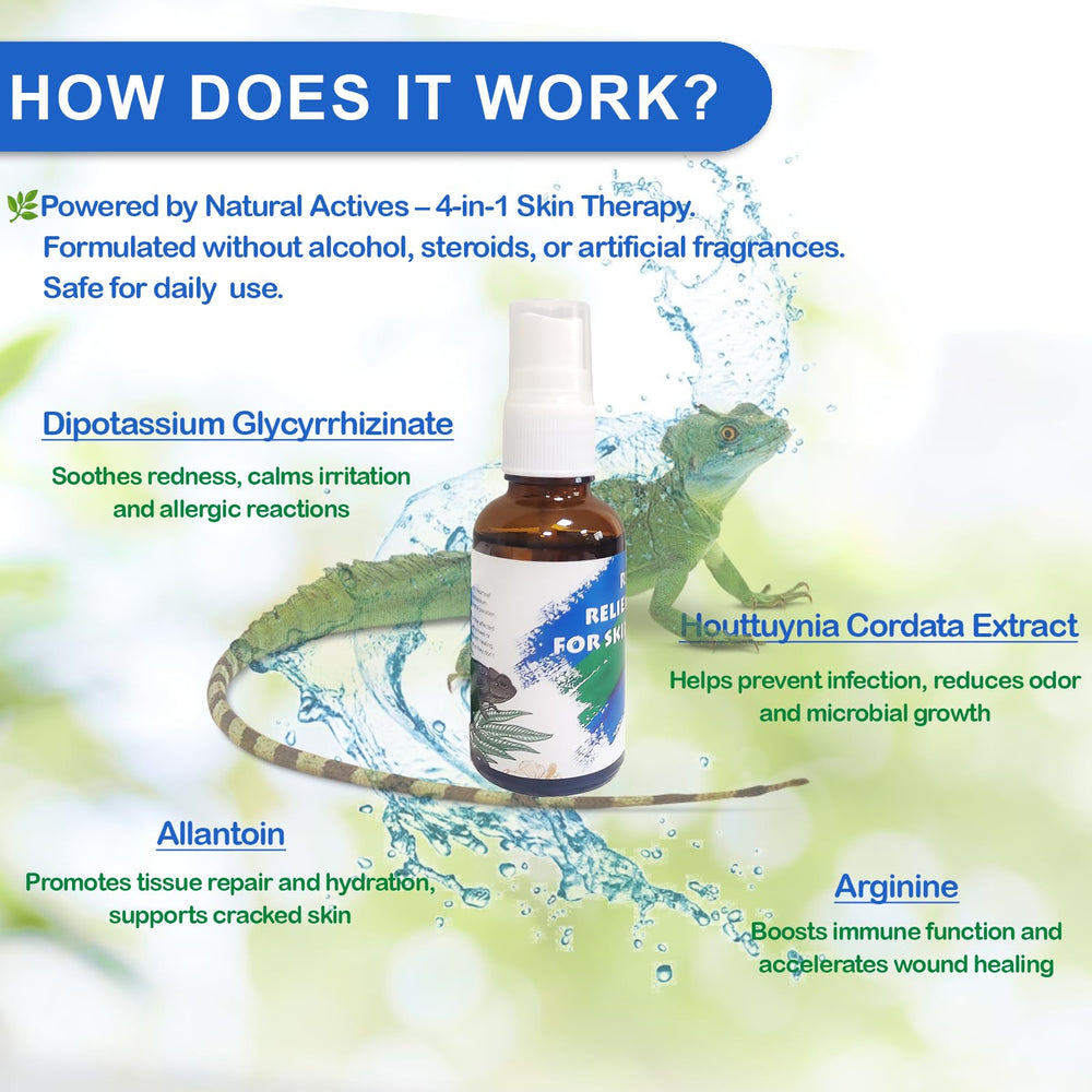 Nutriarise spray applied to gecko's skin area for soothing, non-invasive care.