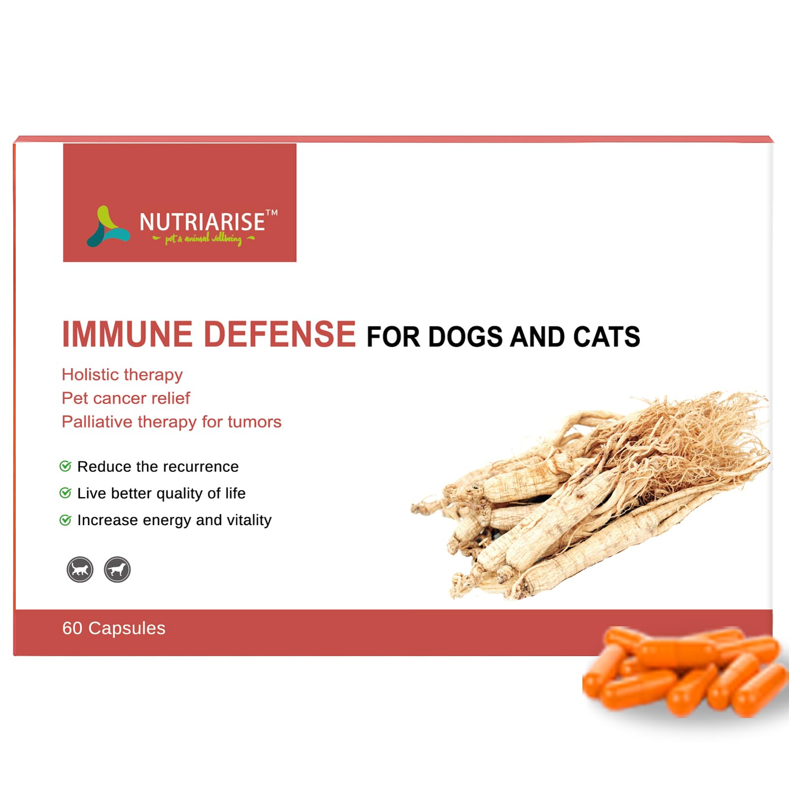 NUTRIARISE Immune Defense bottle label emphasizes easy dosing for pet wellness.