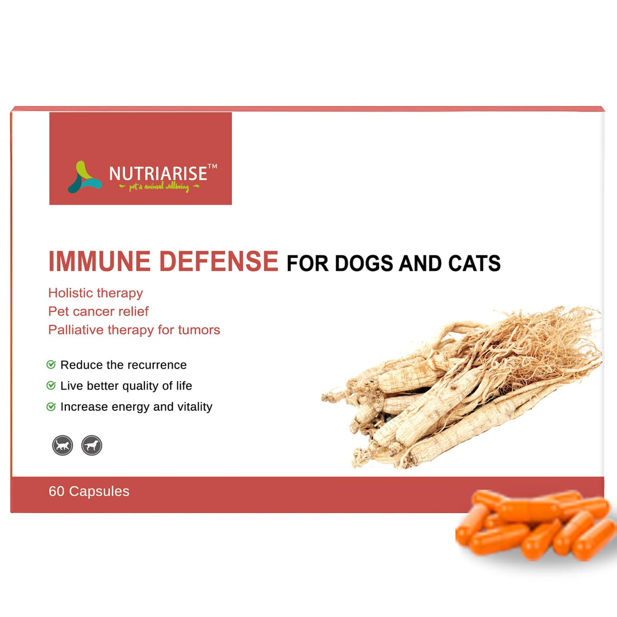 NUTRIARISE Immune Defense bottle label emphasizes easy dosing for pet wellness.