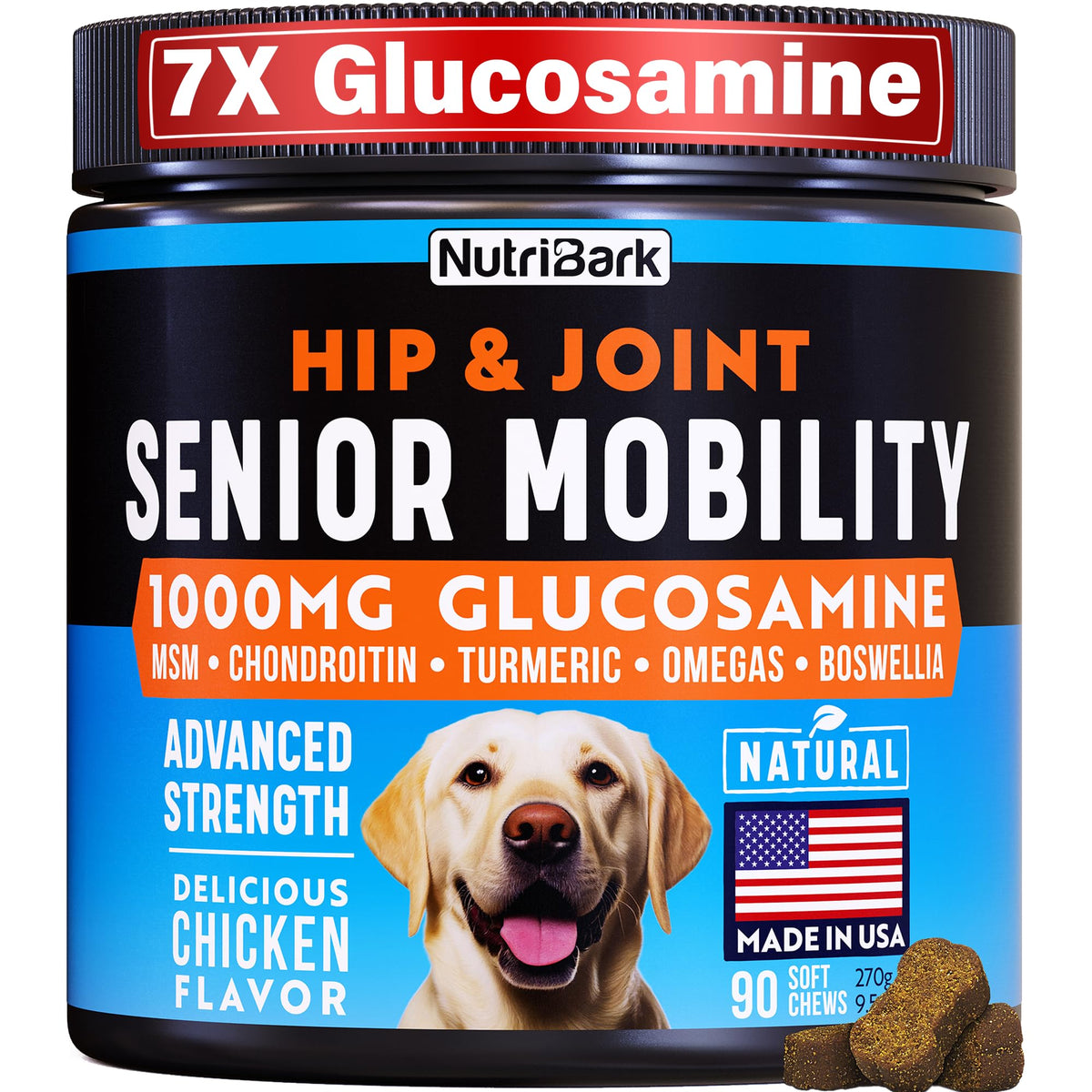 Nutribark glucosamine for dogs soft chews bottle showing convenient joint support