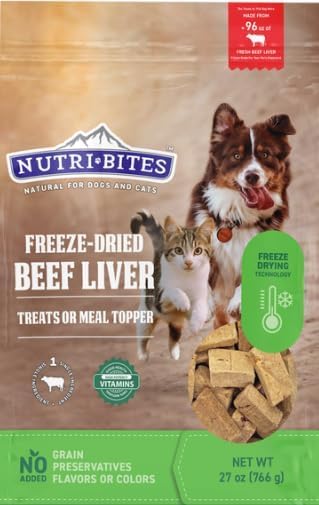 Nutribite beef liver freeze dried 27oz bag closeup of crisp pieces for rewards.